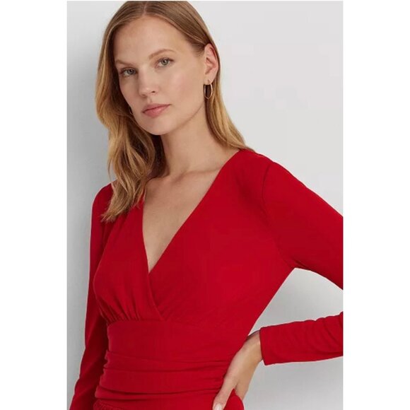 Ralph Lauren Red Ruched Stretch Jersey Surplice Dress NEW Size 4 - Picture 4 of 9